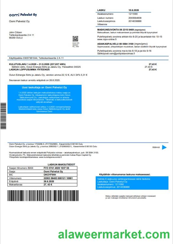 Finland Oomi Palvelut Oy electricity utility bill template in Word and PDF format